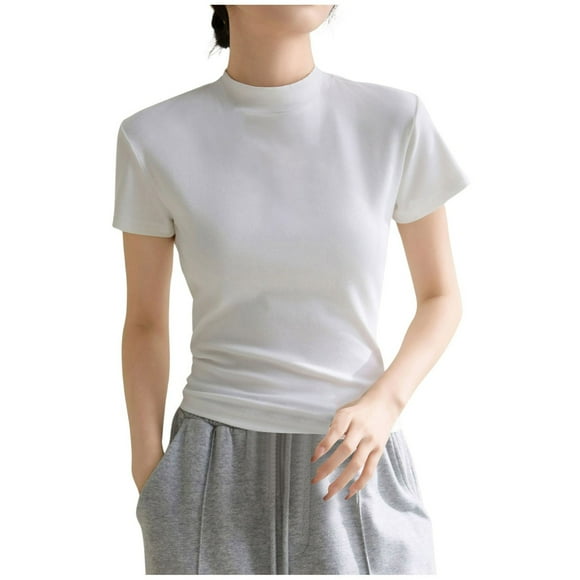 LUOGENLI Female T-shirts for Womens Women Fashion Temperament Slim Solid Color Shoulder Round Neck Short Sleeved T Shirt with High Spring Inside Top Tee T-shirts Womens White St. Patrick's Day White L