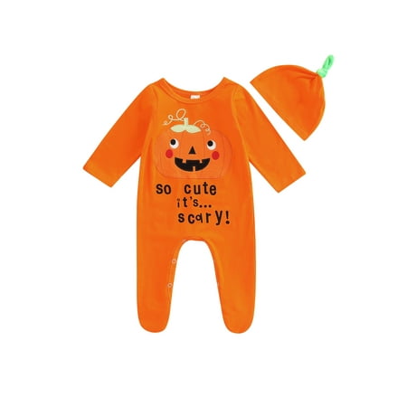 

Bagilaanoe Newborn Baby Girl Halloween Footed Jumpsuit Pumpkin Letter Print Long Sleeve Bodysuit + Hat 3M 6M Infant One Piece Romper