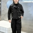 thumbnail image 6 of Girls Boys Leather Jacket Coats Solid Zipper Pockets Long Sleeve Leather Coats Windproof Water Proof Collar Pleated Tops Clothes Kids Boys Thick Fall Jacket Outwear Black 4-5 Years, 6 of 7
