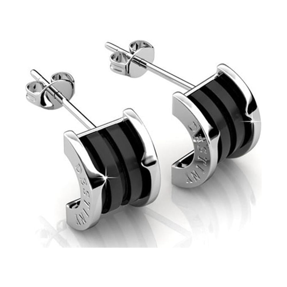 Cate & Chloe Kali 18k White Gold Plated Half Hoop Earrings with Black Ceramic Inlay for Women, Gift for Her