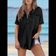 thumbnail image 2 of Camiseta de Gofre con Cuello en V y Corta para Mujer, Color Negro, Talla S, 2 of 4
