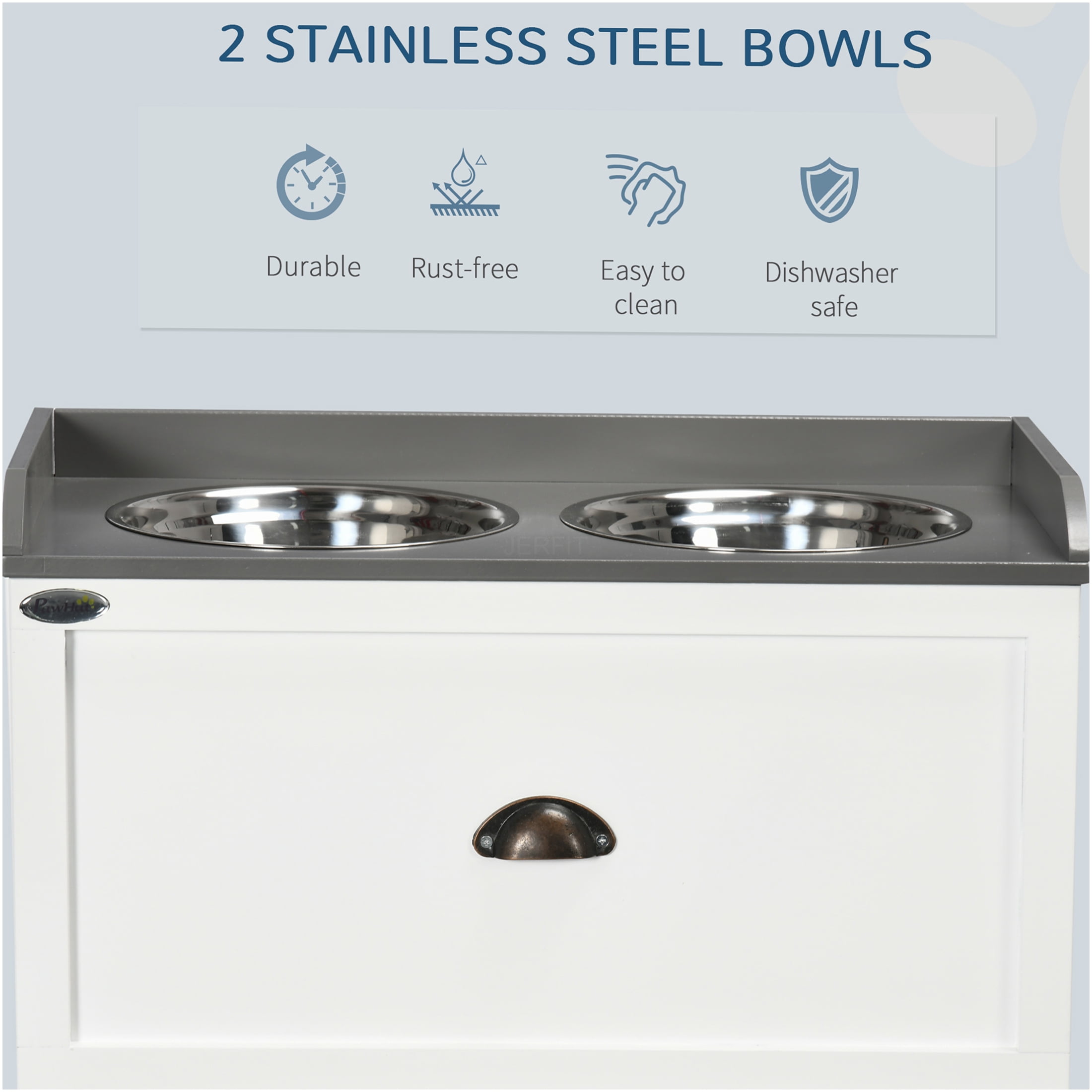 JERFIT Elevated Dog Feeder Station with Storage Drawer, White Wooden Pet Dining Table with 2 Stainless Steel Bowls for Large Dogs