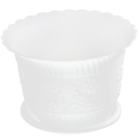 White Floral Pot - Home Office Garden Plastic Floral Pattern Plant Flower Pot White w Tray
