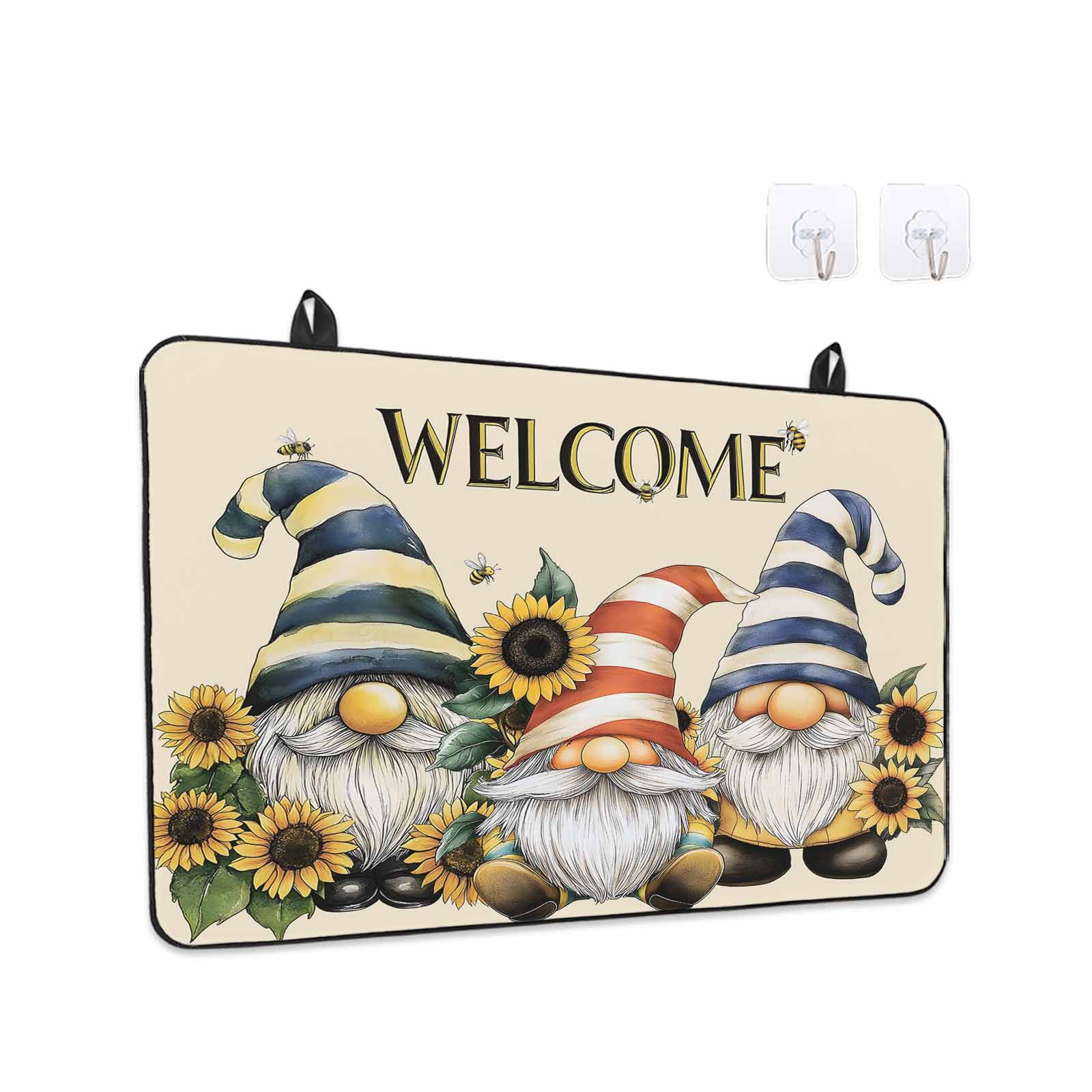 Sunflower Gnomes Stove Top Cover for Electric Stove, Heat-proof & Non Slip Glass Top Stove Cover Protector, Yellow Summer Botanical Striped Bee Vintage Kitchen Flat Cooktop Rubber Mat 24x21 Inches