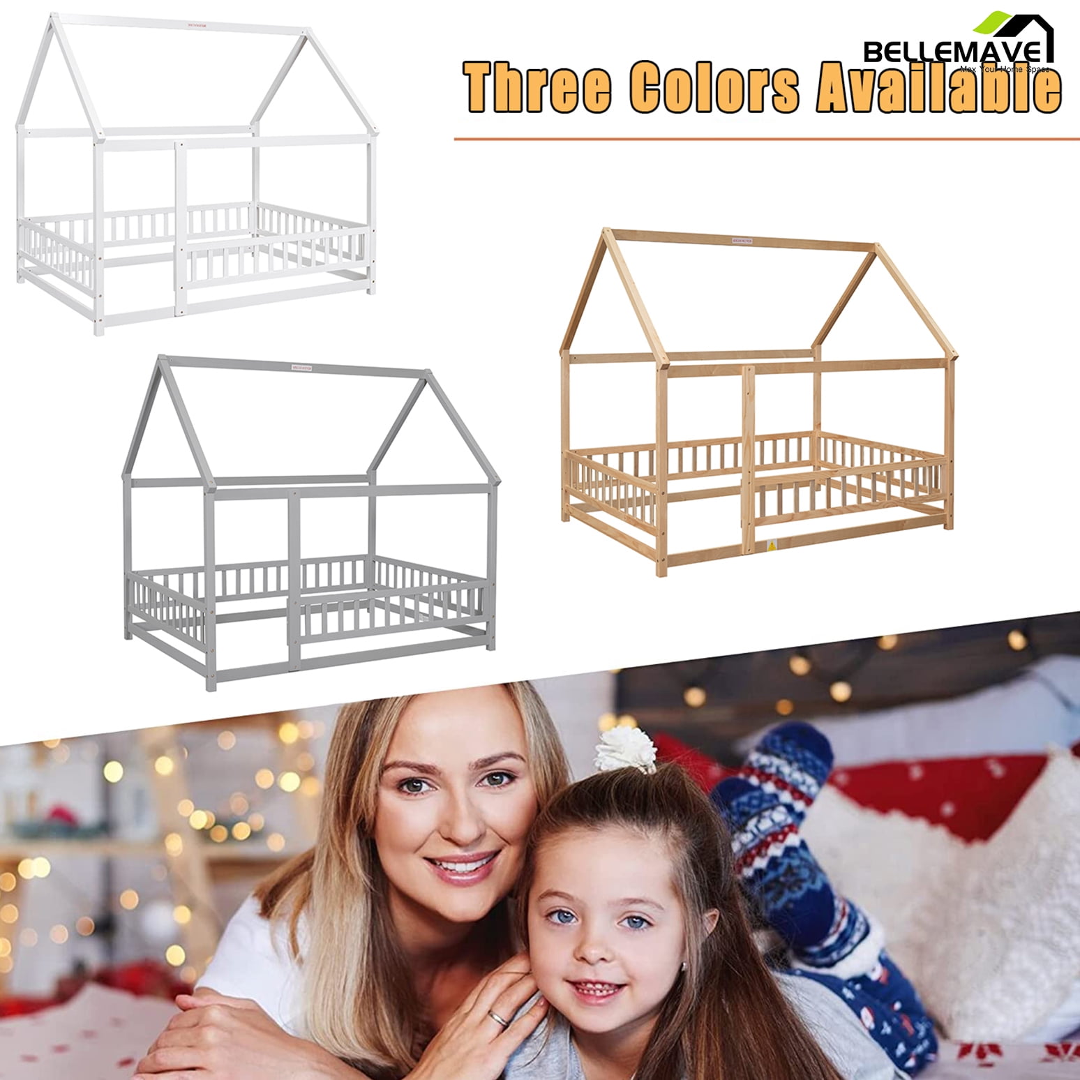 Bellemave Full Floor Bed, Wood Full Size House Bed Frame with Fence, Montessori Floor Bed for Bedroom（Natural)
