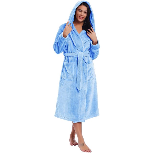 Women Plush Fleece Robe Long Warm Bathrobe Shawl Collar/Hood