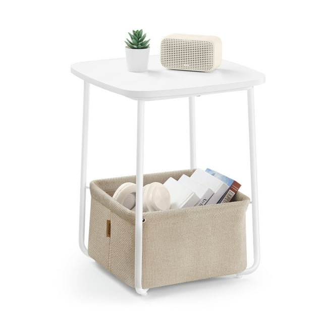 VASAGLE Table d'Extrémité, Table d'Appoint avec Panier en Tissu, Table de Nuit Moderne, Table de Chevet Carrée, pour Salon, Chambre, Blanc Mat et Brun Chameau
