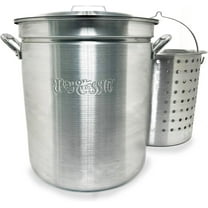 Bayou Classic 4060 60-qt Aluminum Stockpot w/Basket Features Domed Vented Lid Heavy Riveted Handles Perforated Aluminum Basket Perfect For Boiling Steaming and Canning