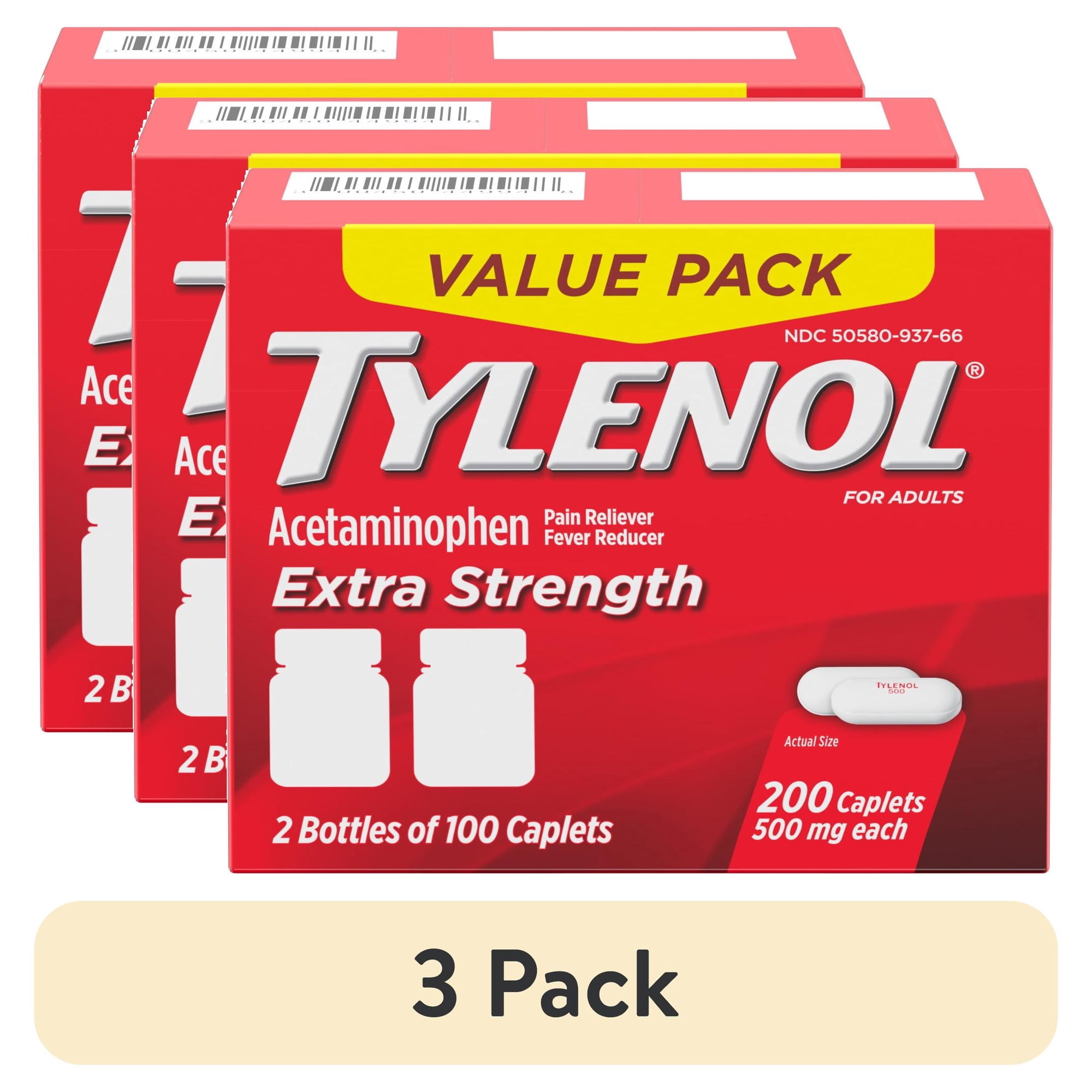 (3 pack) Tylenol Extra Strength 500mg Pain Relief Acetaminophen Caplets, Value Size, 100 Count, Two Pack