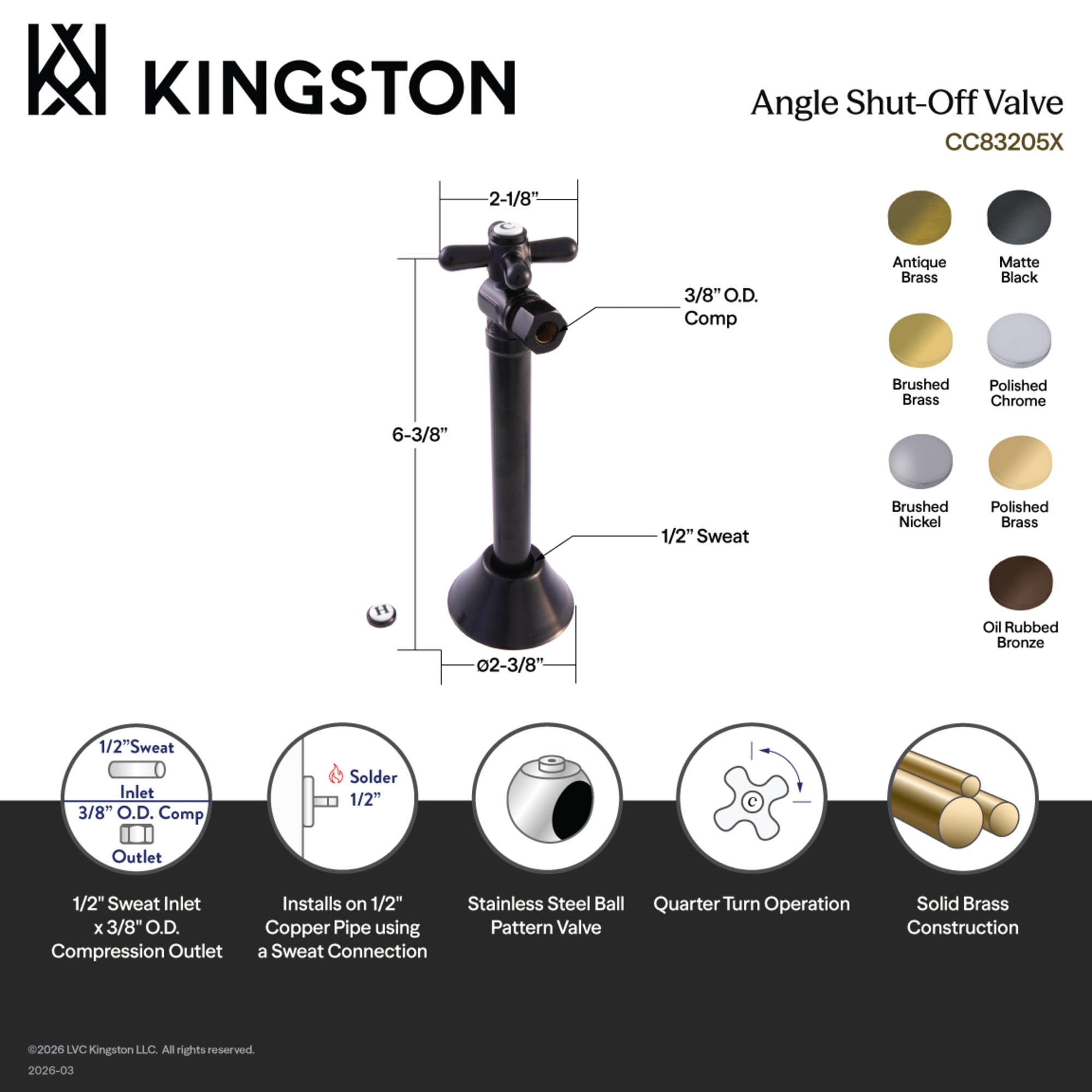 Kingston Brass CC83200X 1/2-Inch Sweat x 3/8-Inch O.D. Comp Angle Shut-Off Valve with 5-Inch Extension in Matte Black