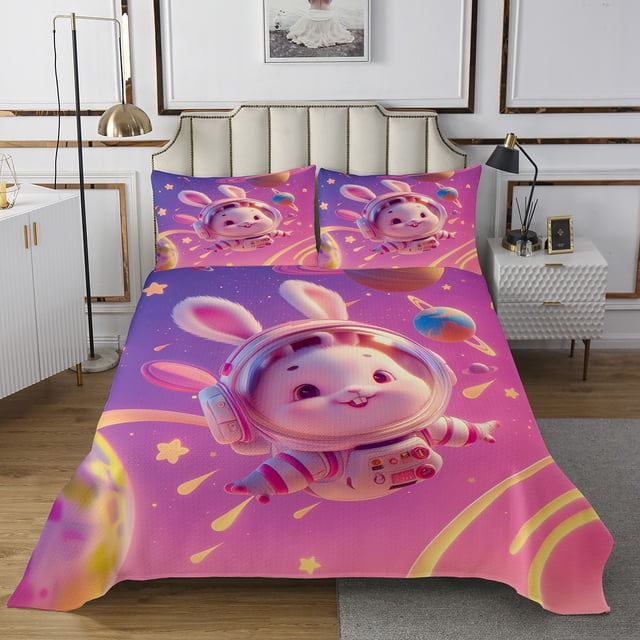 Erosebridal Kawaii Bunnies Quilt Sets for Twin Size Bed, Outer Space Bed Set, Cartoon Rabbit Decor 2pcs