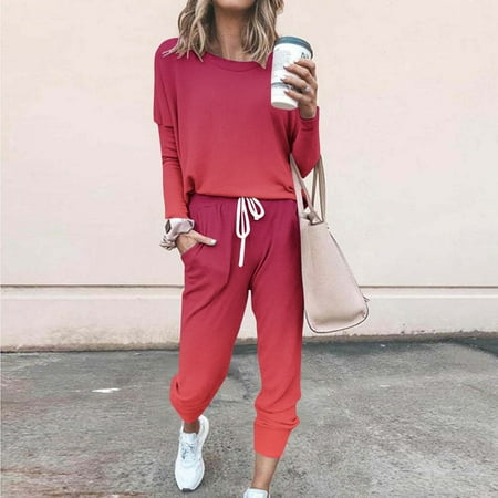 Fnooota Outfit Sets for Women 2 Piece Casual Long Sleeve Sweatshirts and Sweatpants Sets Watermelon Red Size 2XL
