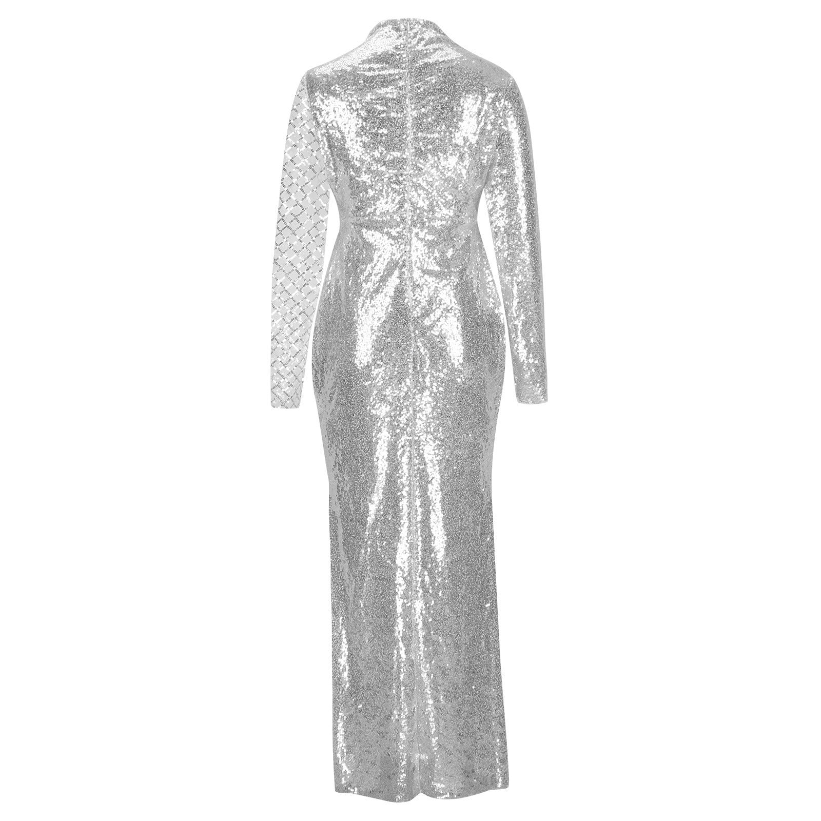 QATAINLAV Women's Sequin Dresses Elegant Sparkly Glitter High Neck Cocktail Long Dress Casual Hollow Out Long Sleeve Evening Party Dress Mermaid Wedding Dress My Orders Placed By Me Silver XXL
