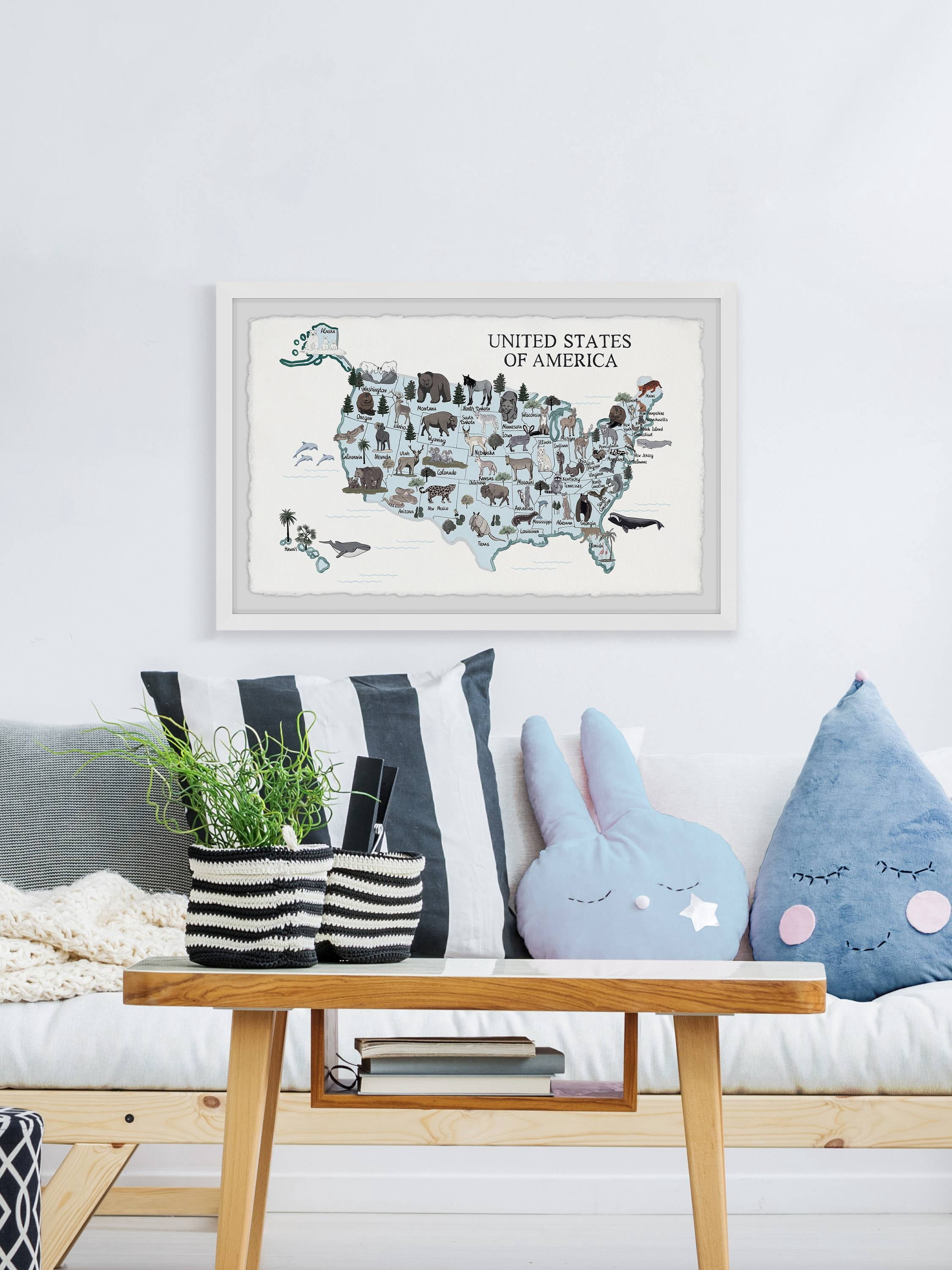 Marmont Hill Blue Animals Map Framed Wall Art