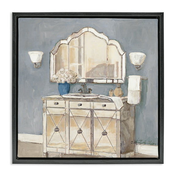 Stupell Industries Traditional Bathroom Sink & Mirror Cottage Painting Black Floater Framed Canvas Art Print Wall Art, 18 x 18