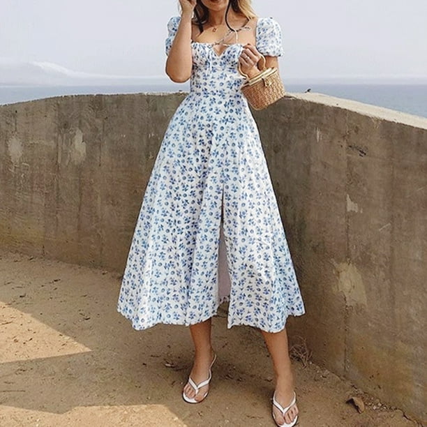 Vestido midi para mujer, estampado floral, manga abullonada, cuello cuadrado, cordón delantero, divi Abanopi Azul/Medio