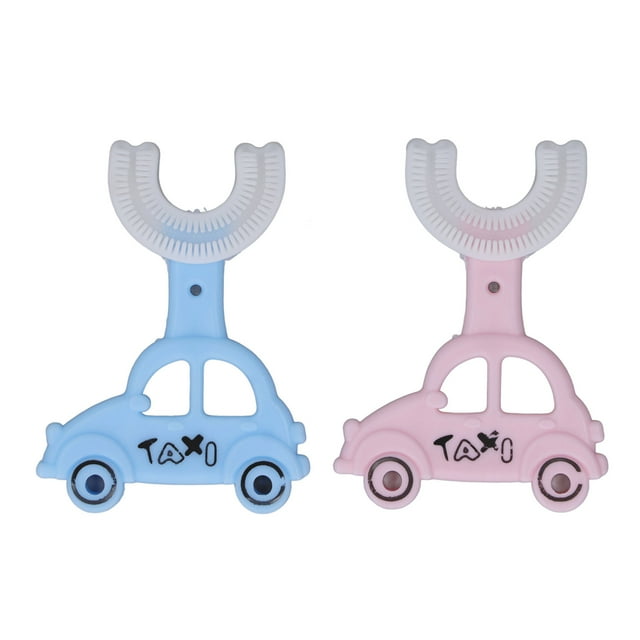 2 cepillos de dientes para niños en forma de U con mango de coche de dibujos animados, cabezal de silicona suave, cepillo de dientes de limpieza