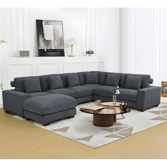Oversize Modular Sectional Sofa, U Shaped Convertible Couch for Living Room, Corduroy Fabric Sofa Set with Removable Ottoman (7 Seat Sofa Couch, Dark Grey)