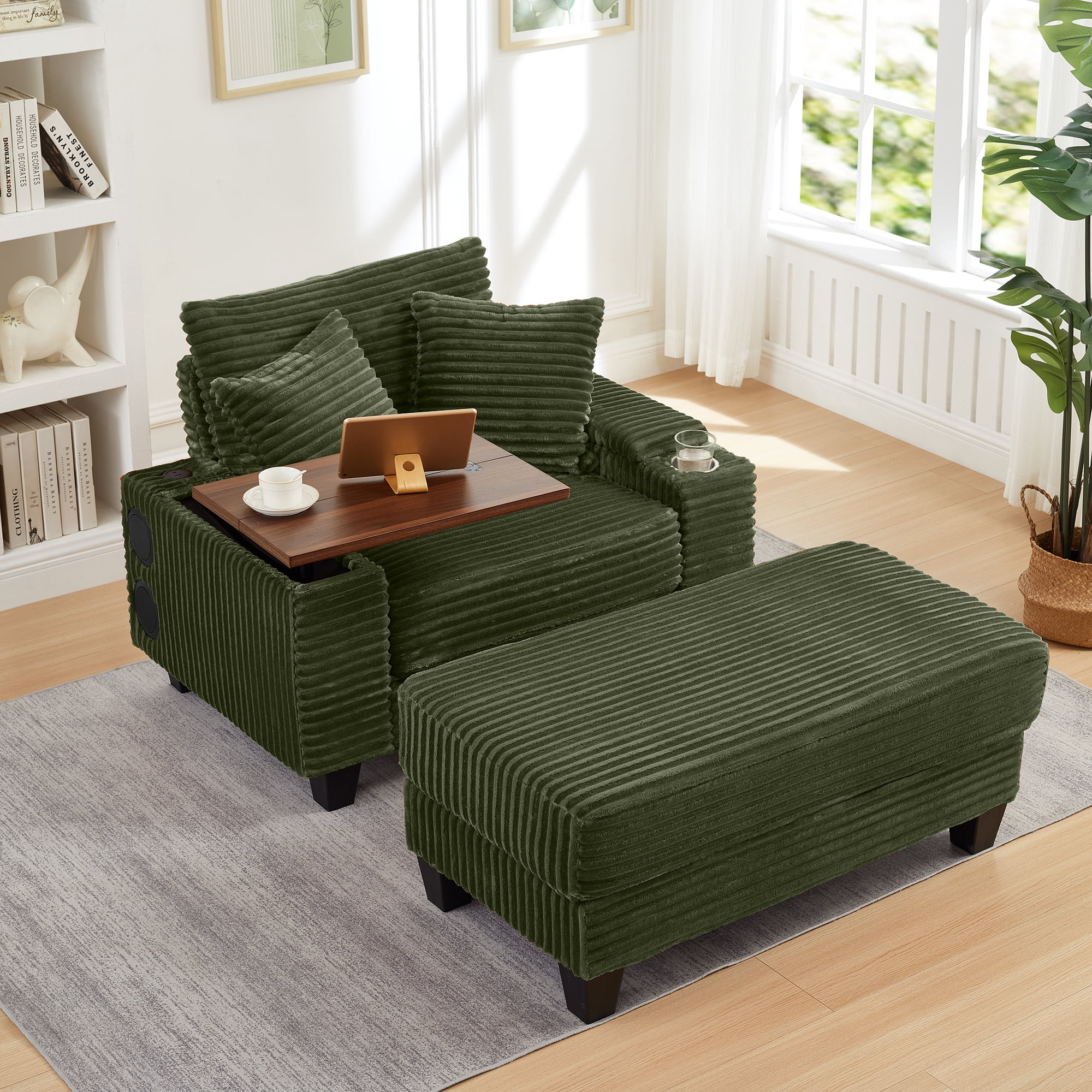 Aukfa Corduroy Chaise Lounge Chair with Ottoman, Hidden Rotating Table, Storage Armrest with Cup Holder, USB Port & Bluetooth Speaker, Olive