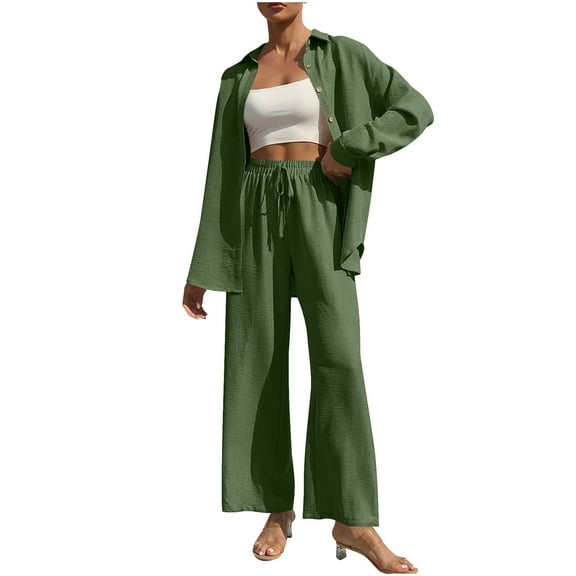 Spring 2 Piece Outfits for Women Casual Lounge Set Long Sleeve Button Down Shirts & Wide Leg Pants Sets Tracksuit