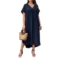 thumbnail image 3 of Robes Grande Taille Femmes Formelles Dames Décontractées Col en V Couleur Unie Coupe Ample Robe Grande Taille Plage Robe Maxi Grande Taille Marine TTTG, 3 of 6