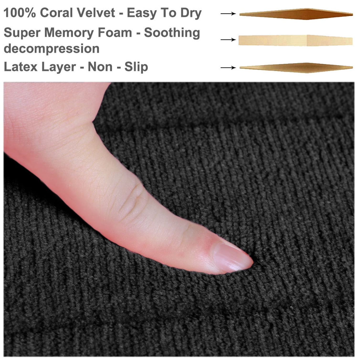PiccoCasa Memory Foam Bath Mat Thin Absorbent Bath Rug Mat for Bathroom, Black 24" x 16"