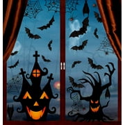 LONGRV 4 Sheets Halloween Window Clings, Double-Side Spooky Removable Window Sticker for Halloween Party Decoration