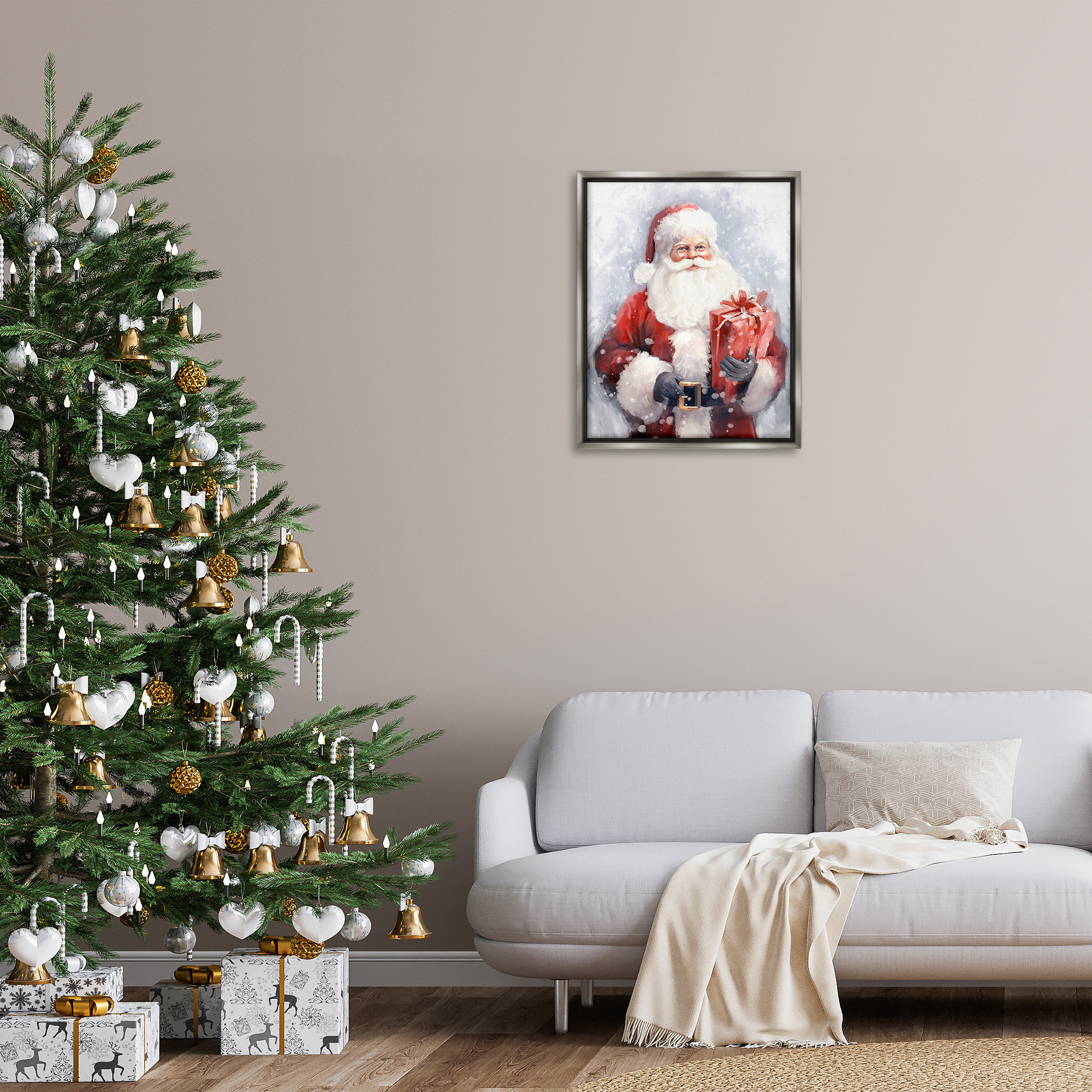 Stupell Industries Santa with Red Gift Holiday Painting Gray Floater Framed Canvas Art Print Wall Art, 25 x 31