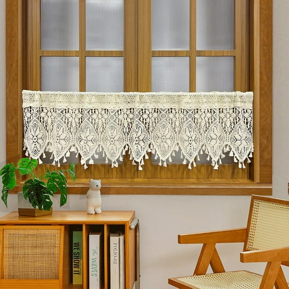Rustic Crochet Curtains Valance for Kitchen Cotton Lace Curtains for Small Window Farmhouse Tassel Curtains for Coffee Decor Rod Pocket Hollow Sheer Curtain Tiers for Bath 1 Panel