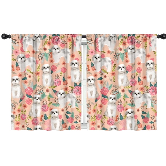 Blackout Kids Curtains,Shih Tzu Dog and Floral Childrens Insulated Curtains Set Of 2,Bedroom Essentials,Toddler Room Decor 42x54in(106x137cm)