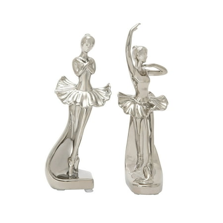 DecMode Stylish Ceramic Silver Dancer Sculptures Assorted, Set of 2, 11