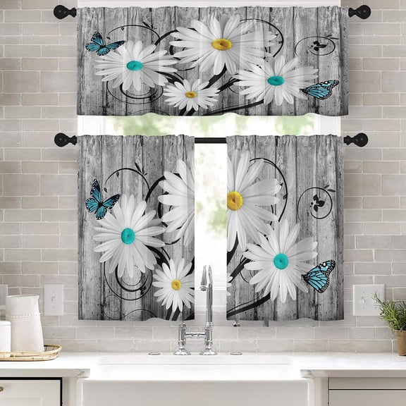 Window Valance for Windows, 52x39 Inch, 3 Pack, Daisy | Butterfly Farmhouse Rustic Teal Rod Pocket Cafe Curtain Drapes for Living Room Bedroom Bathroom Kitchen Over Sink Decor