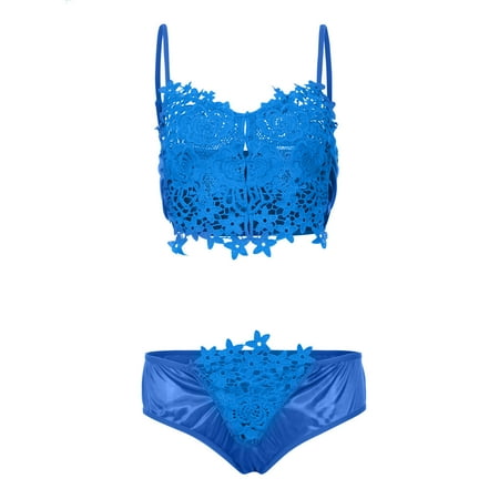 

EHTMSAK Babydoll Teddy Lingerie Set for Women Lace Eyelash Bra and Panty Sets Sexy Lingerie Blue L
