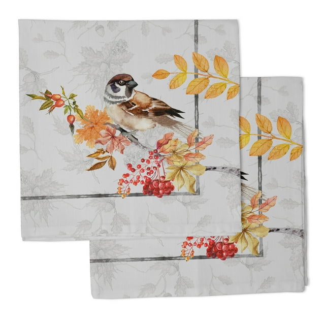 Vargottam Collection de Luxe Nappe en Lin de Table en Coton Tissu Imprimé Serviettes Réutilisables Ensemble de 6, 20 X 20 - Moineau d'Automne Aquarelle