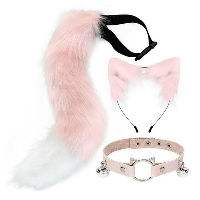 Diadema con orejas de gato y cola larga para disfraz de Halloween Rosa