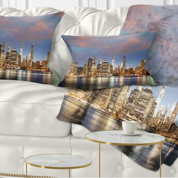 Designart Manhattan at Nighttime - Cityscape Photography Throw Pillow - 12x20