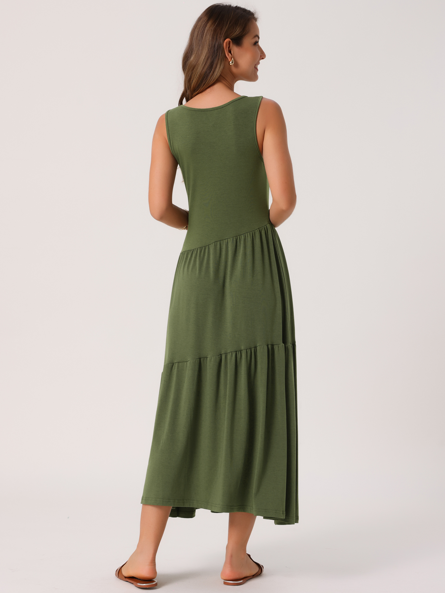 DARING DIVA Summer Casual Sleeveless Crewneck Maxi Dress M Army Green