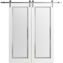 Sturdy Double Barn Door 84 x 96 inches with | Planum 0888 Painted White with Frosted Glass | Stainless Steel 14FT Rail Hangers Heavy Set | Solid Panel Interior Doors