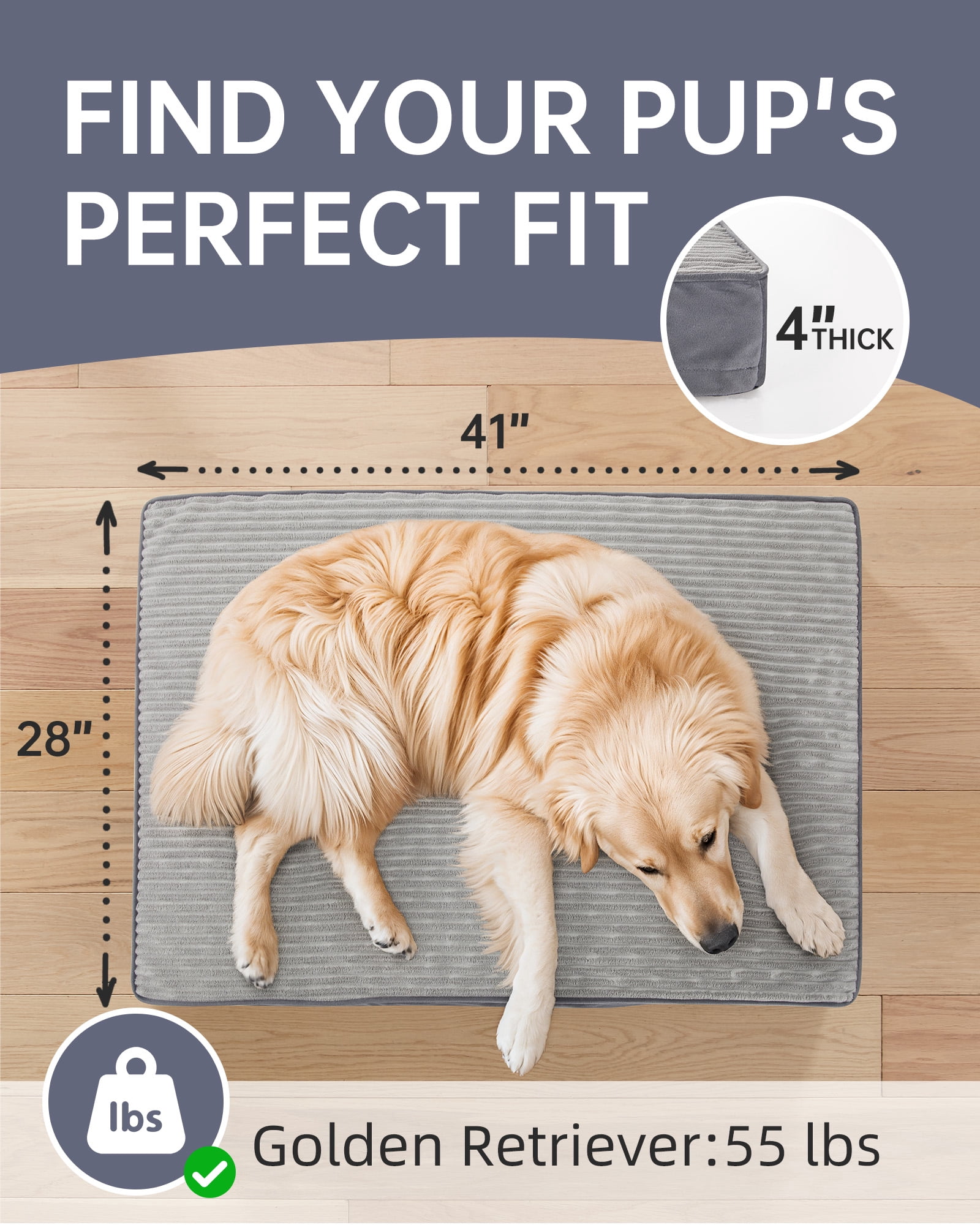 Ophanie 41in Gray Orthopedic Dog Bed for Large Dogs with Non-Slip Bottom, Waterproof and Machine Washable Removable Pet Bed Cover,XL Size(41"x28"x4")