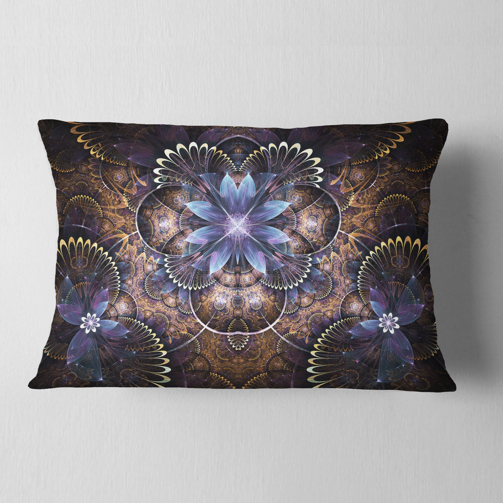 Designart Fractal Glossy Blue Flower Digital Art - Floral Throw Pillow - 12x20