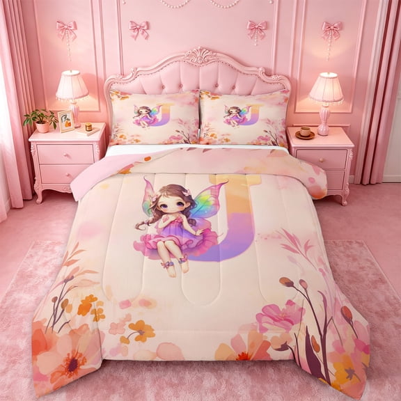 meiyoeat Watercolor Ombre Monogram J Full Size Comforter Sets,Cute Cartoon Princess Elf Bedding Comforter Set For Girl,Pink Reversible,3-Piece,1 Comforter and 2 Pillowcases
