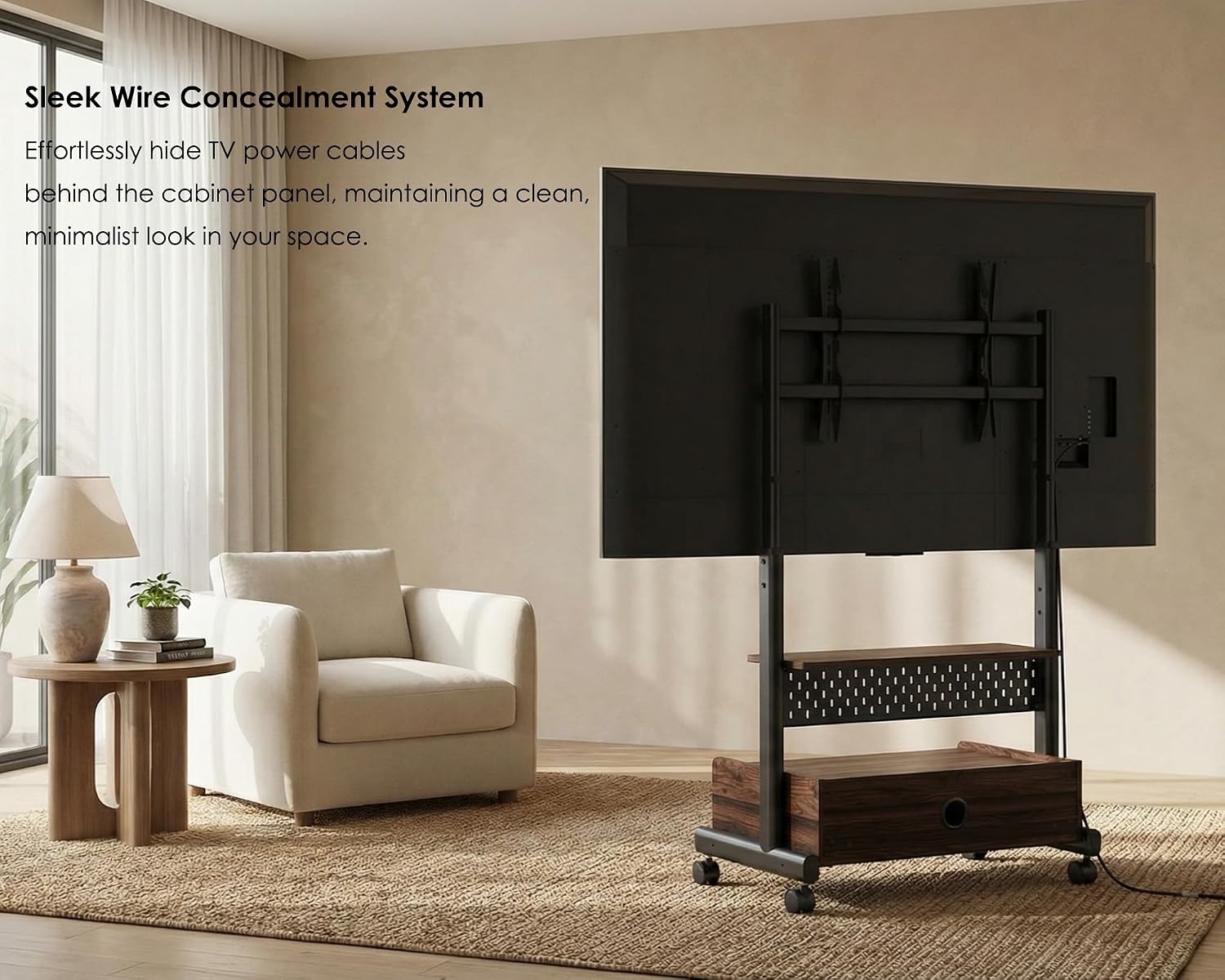 FITUEYES Rolling TV Stand for 40–85 Inch TVs, Black & Gold, Storage & Pegboard