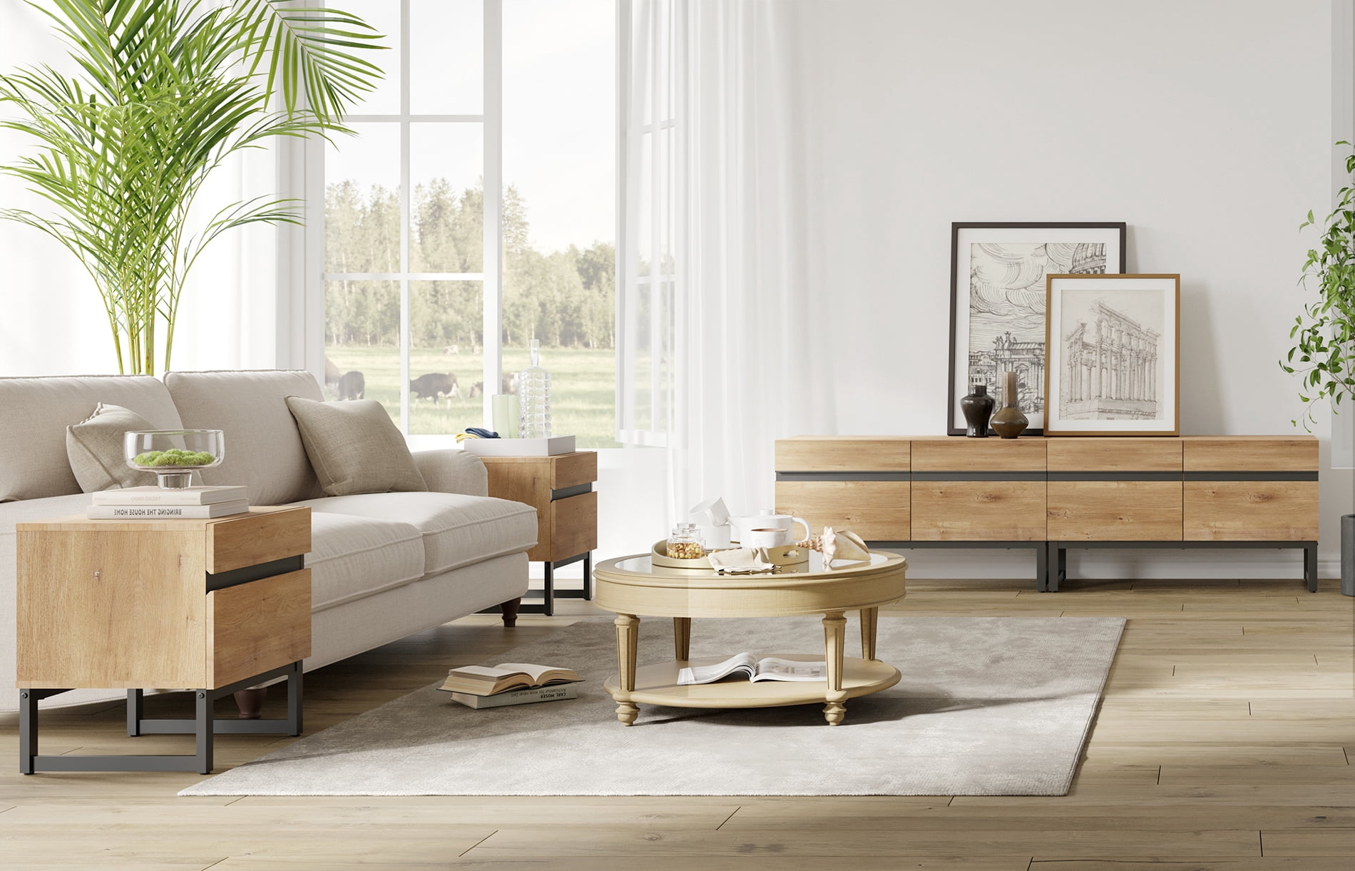Modern 3-Piece Living Room Set, 71 Inch TV Stand And 2 End Table Sets With 2 Drawers, Media Console with Storage Shelves, Sturdy Wood Frame & Metal Legs, Contemporary Furniture for Living Room,Oak