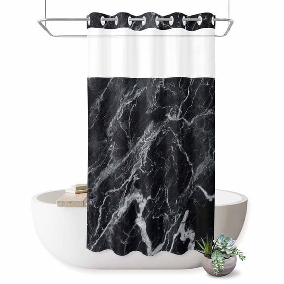 No Hook Shower Curtain with Built-in Rings - Black Marble Washable Waterproof Fabric Bathroom Curtains for Hotel,Rentals, Stall 36 X 78 Inch , Abstract Modern Themed