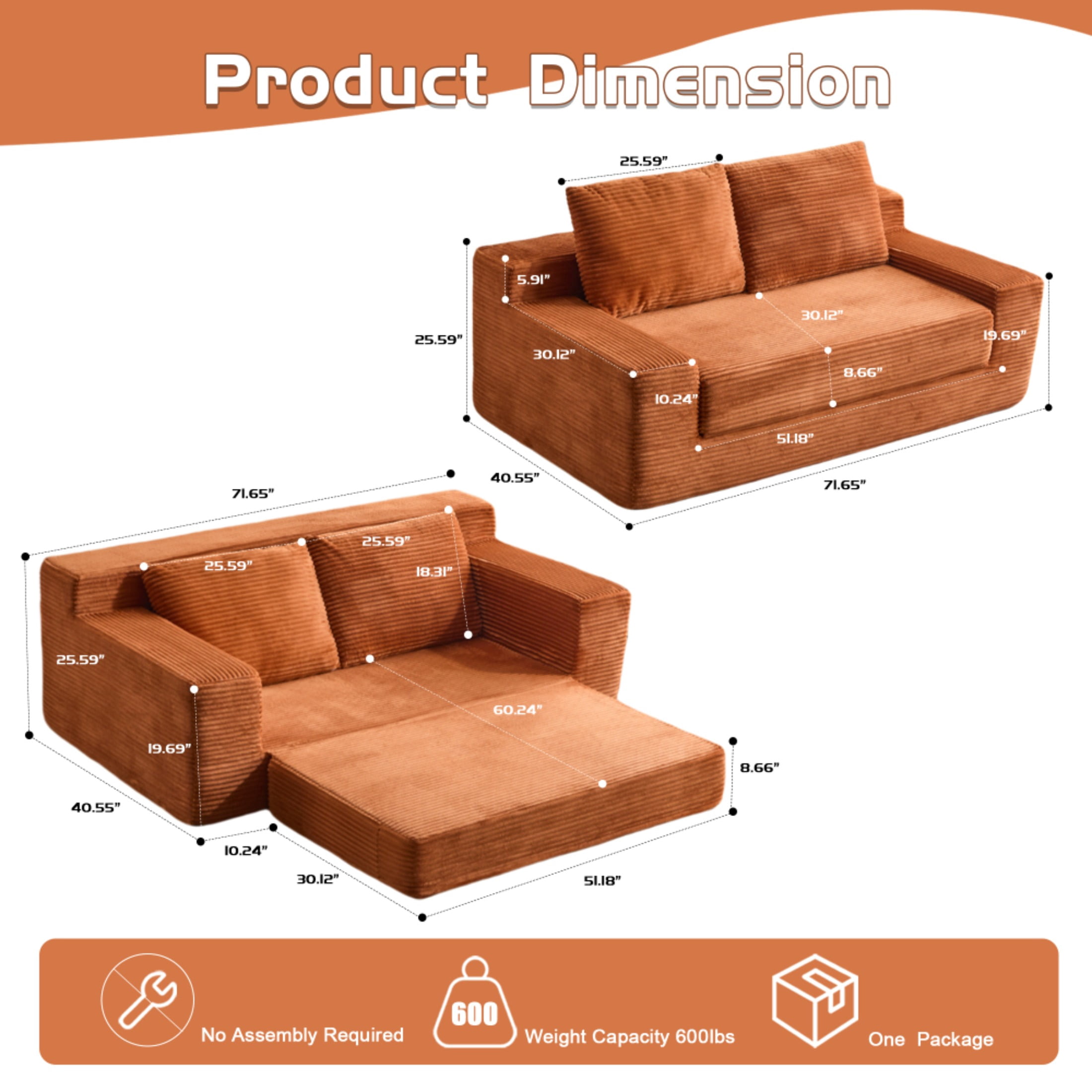 SOULART 71.65" Loveseat Sofa, Orange Corduroy Deep Seat Couch, Reversible Cushion with Pillows, No Assembly Required