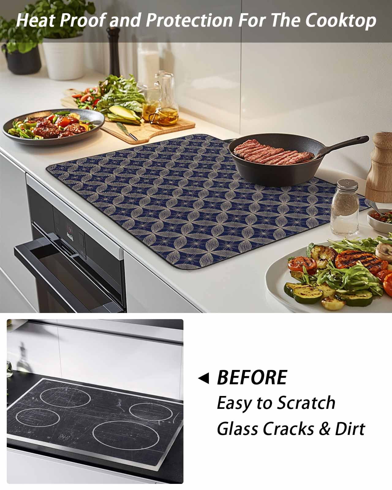 Stove Top Covers for Electric Stove, Navy Blue Geometric Glass Stovetop Cover Protector, Brown Modern Abstract Art Aesthetics Induction Cooktop Protector Oven Mat for Kitchen Countertop 24"x21"