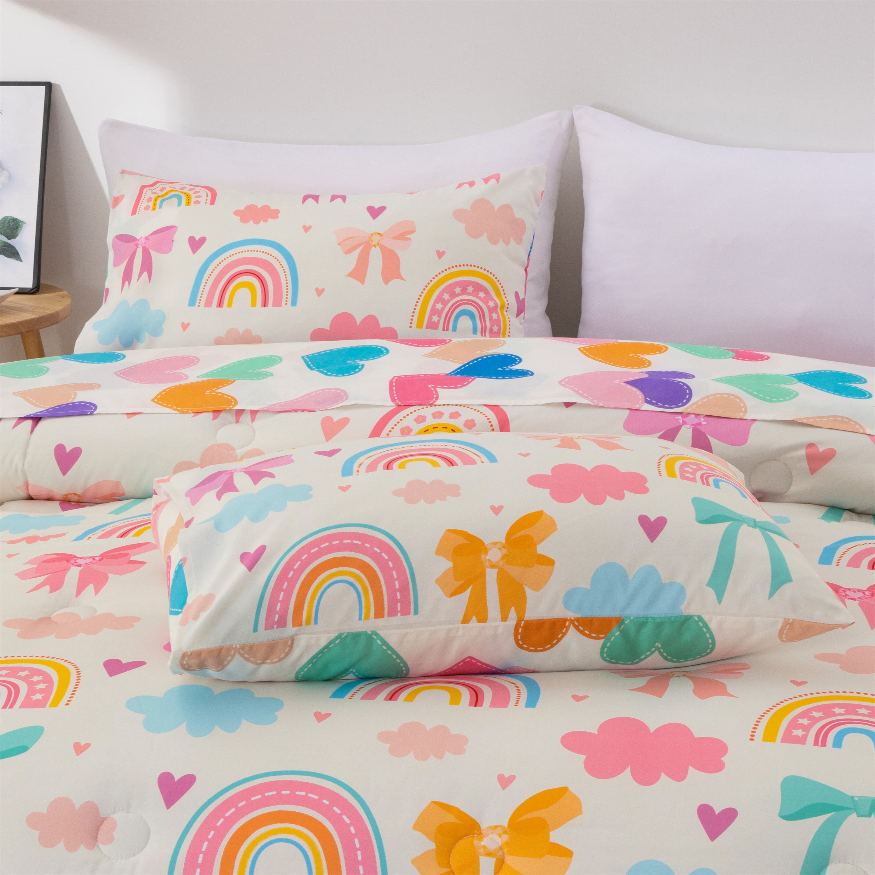 Btargot 6-piece Bows Rainbow Full Comforter Set for Girls Kids Cute Bowknot Bedding Set Bed-in-a-Bag