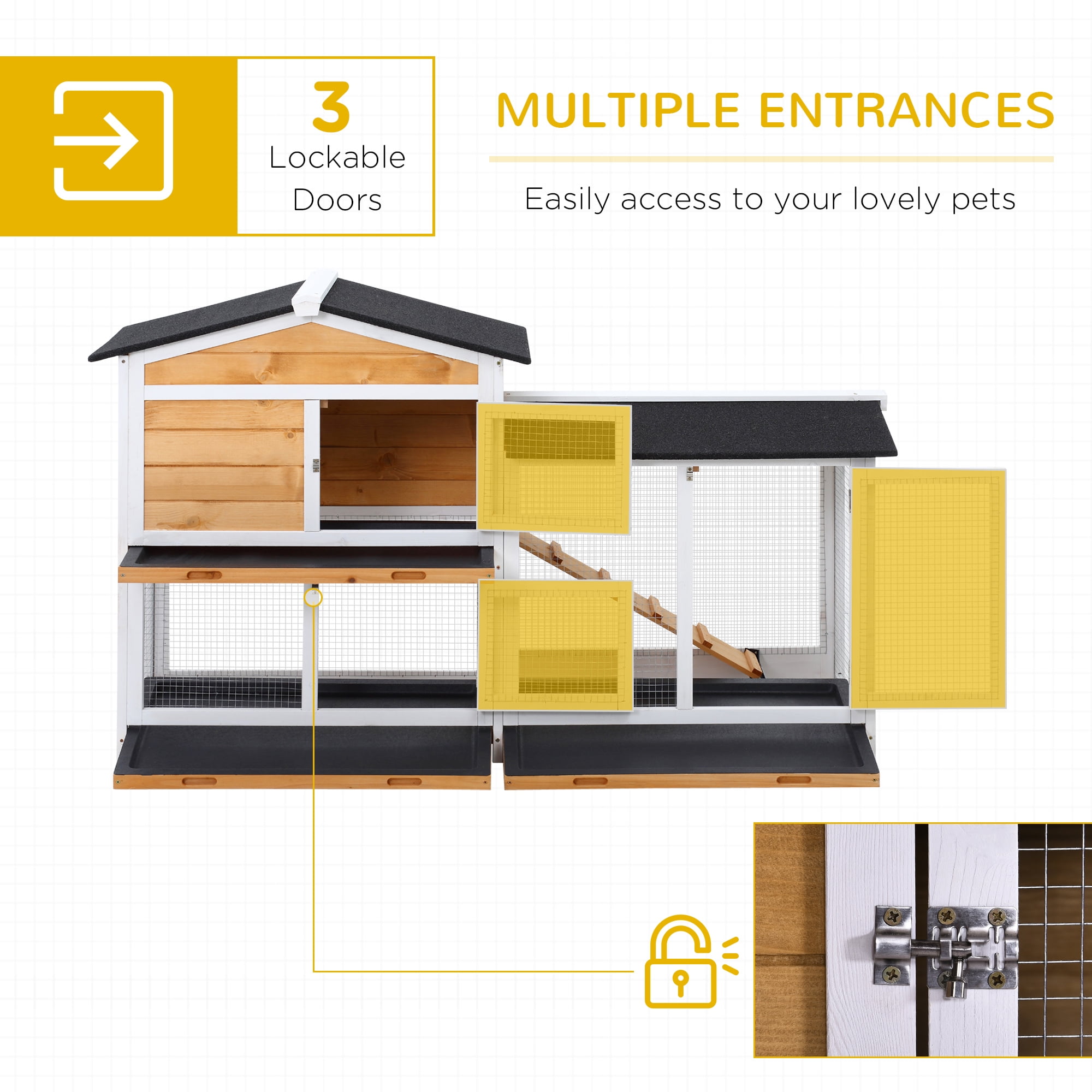 Noaman 2-Story Wooden Rabbit Hutch with Outdoor Run for Bunnies Yellow