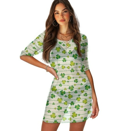 FKELYI Women s Swimsuit Cover Ups Round Neck Swimwear Cover-Up Half-Sleeve Beachwear Green Shamrock Leaf Print Bikini Beach Dress for Ladies Summer Vacation Swimming  M