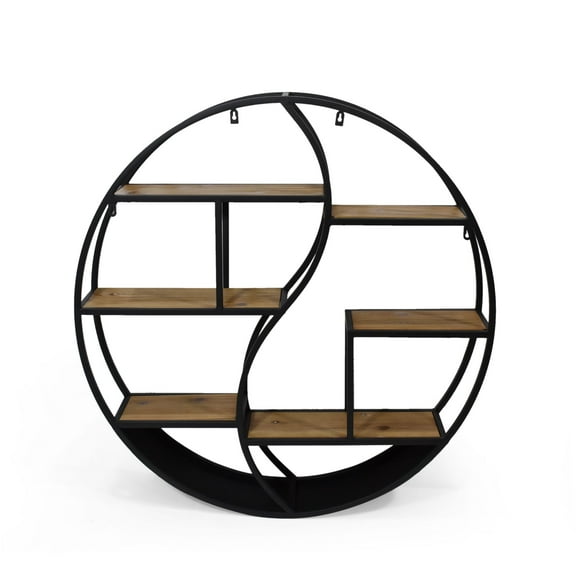 Noble House 34.25" Brown and Black Contemporary Round Hanging Wall Shelf